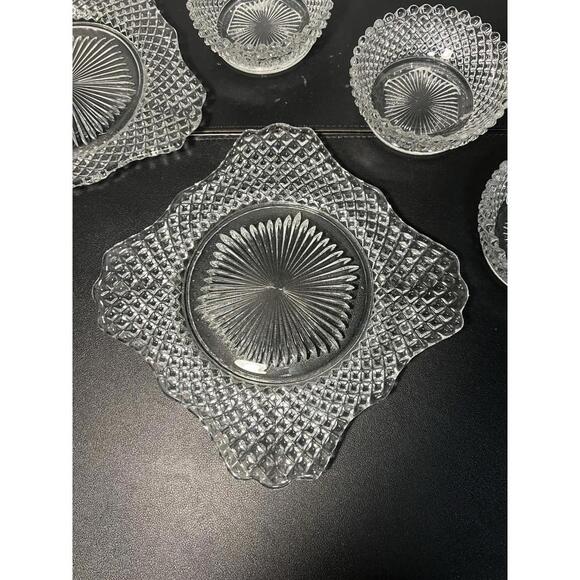 Westmoreland 1940s Pressed Clear Glass Snack Set Diamond & Fan, 2 Plates 3 Bowls - Picture 4 of 16